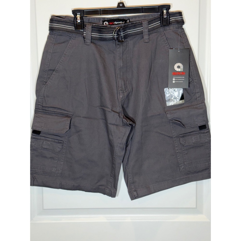 Akademiks Mens Cargo Shorts Charcoal Gray Stretch Twill With Belt Size 32 new
